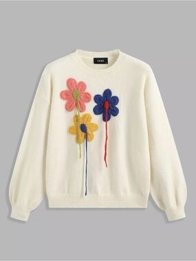 Shop Cider Cream Crewneck Sweater with Pink, Blue & Yellow Floral Appliqués
